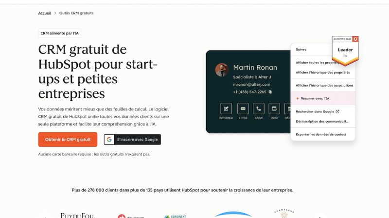 Page d'accueil du logiciel HubSpot CRM